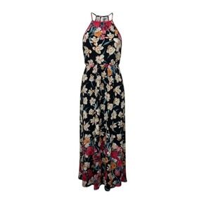 French Grey Floral Halter Maxi Dress Womens Large Bohemian Vacation Stretch